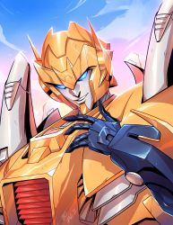 Rule 34 | absurdres, blue eyes, cloud, commentary, commission, english commentary, highres, lina rojas, looking at viewer, mecha, metalhawk, open hand, portrait, robot, science fiction, sky, solo, the transformers (idw), transformers