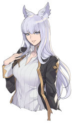 Rule 34 | 10s, 1girl, animal ears, blue eyes, breasts, collared shirt, granblue fantasy, jacket, korwa, long hair, looking at viewer, medium breasts, nail polish, oda non, open clothes, open jacket, parted lips, shirt, grey eyes, silver hair, simple background, smile, solo, upper body, white background, white shirt