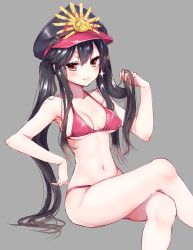 Rule 34 | &gt;:), 1girl, armpits, ayuma sayu, bare arms, bare legs, bare shoulders, bikini, black hair, black hat, blush, breasts, cleavage, closed mouth, collarbone, crossed legs, fate (series), grey background, halterneck, hat, invisible chair, long hair, medium breasts, navel, oda nobunaga (fate), oda nobunaga (koha-ace), peaked cap, playing with own hair, red bikini, red eyes, simple background, sitting, smile, solo, sparkle, stomach, swimsuit, thighs, tsurime, twintails, v-shaped eyebrows, very long hair