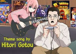 Rule 34 | 1boy, 1girl, amogan, angry, angry video game nerd, blue eyes, bocchi the rock!, bomberman, brown hair, bust a move, collared shirt, commentary, couch, crossover, cube hair ornament, electric guitar, english commentary, english text, frown, gibson les paul, glasses, gotoh hitori, guitar, hair ornament, highres, holding, holding instrument, instrument, jacket, james rolfe, mega man (series), nes gamepad, on couch, open mouth, parody, pink hair, pink jacket, pink track suit, poster (object), shirt, teeth, track jacket, ys, ys iii wanderers of ys