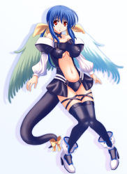 Rule 34 | 1girl, arc system works, asymmetrical wings, bare shoulders, blue hair, dizzy (guilty gear), guilty gear, jounoji, red eyes, ribbon, solo, tail, tail ornament, tail ribbon, thighhighs, wings