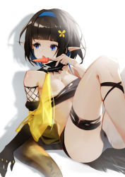 Rule 34 | 1girl, absurdres, arknights, ass, bandeau, bare shoulders, black gloves, black hair, black panties, blue eyes, detached sleeves, elbow gloves, eunectes (arknights), food, gloves, hairband, highres, holding, knees up, licking, looking away, midriff, moon (jiangxiang ai chizhaji), panties, pointy ears, popsicle, revision, short hair, sitting, solo, tail, thigh strap, thighs, tongue, tongue out, torn clothes, underwear