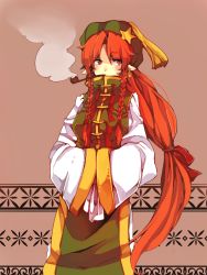Rule 34 | 1girl, adapted costume, alternate eye color, alternate hairstyle, chinese clothes, clover (lapis lazure), dress, ear piercing, earrings, female focus, hands in opposite sleeves, hat, hong meiling, jewelry, kiseru, long hair, long sleeves, piercing, smoking pipe, pointy ears, ponytail, red eyes, red hair, single earring, smoking, solo, star (symbol), tabard, touhou, very long hair, white dress, wide sleeves