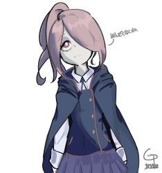 Rule 34 | 1girl, alternate hairstyle, bags under eyes, cape, commentary request, cowboy shot, dated, frown, gongttheng, hair over one eye, highres, little witch academia, looking up, pink hair, red eyes, simple background, solo, sucy manbavaran, translation request, white background