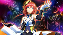 Rule 34 | 1girl, armpits, blue eyes, clothing cutout, constellation, detached collar, game cg, gloves, hand on own chest, hat, kaname buccaneer, macross, macross delta, navel cutout, official art, red hair, short hair, solo, star (sky), uta macross sumaho deculture