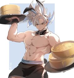 Rule 34 | 1boy, abs, animal ears, apron, bara, black apron, closed mouth, detached collar, dragon ball, dragon ball super, fake animal ears, fake tail, grey eyes, highres, holding, holding tray, large pectorals, male focus, male playboy bunny, muscular, muscular male, navel, nipples, pectorals, rabbit ears, rabbit tail, short hair, solo, son goku, spiked hair, tail, tray, ultra instinct, waist apron, white hair, wrist cuffs, yutose 0