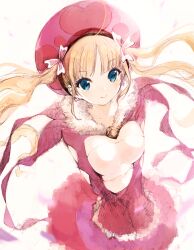 Rule 34 | 1girl, blonde hair, blue eyes, breasts, dress, galleria no chika meikyuu to majo no ryodan, hat, highres, kakuwashi, long hair, looking at viewer, medium breasts, own hands together, pink hat, simple background, sleeves past fingers, sleeves past wrists, smile, solo, theatrical star, twintails, white background