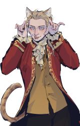 Rule 34 | 1boy, animal ears, animification, ascot, black pants, blonde hair, blue eyes, cat ears, cat tail, claw pose, coat, commentary, english commentary, fangs, fangs out, highres, kemonomimi mode, looking at viewer, lullindo, male focus, open clothes, open coat, pants, paw pose, real life, red coat, sanpaku, simple background, smile, solo, standing, tail, upper body, vest, white background, wolfgang amadeus mozart, yellow vest
