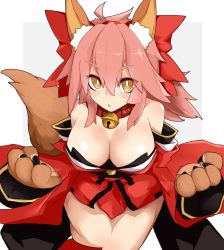 Rule 34 | 1girl, animal ear fluff, animal ears, animal hands, bare shoulders, bell, blush, blush stickers, border, breasts, cleavage, collar, fate/extra, fate/grand order, fate (series), fox ears, fox girl, fox tail, gloves, grey background, hair between eyes, highres, japanese clothes, jingle bell, kimono, kitorakito, large breasts, long hair, long sleeves, looking at viewer, neck bell, obi, off shoulder, open mouth, paw gloves, pink hair, ponytail, red kimono, sash, short kimono, sidelocks, simple background, solo, tail, tamamo (fate), tamamo cat (fate), tamamo cat (first ascension) (fate), thighs, white border, wide sleeves, yellow eyes