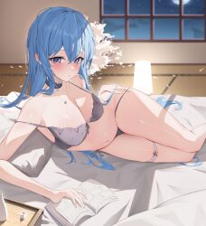 Rule 34 | 1girl, alternate breast size, bed sheet, blue eyes, blue hair, blurry, blurry background, book, bra, breasts, dot nose, earrings, feet out of frame, futon, grey bra, grey choker, grey panties, hair spread out, highres, hololive, hoshimachi suisei, jewelry, lamp, legs together, long hair, looking at viewer, lying, medium breasts, moon, necklace, nenight, night, night sky, on side, panties, panty pull, parted lips, pulling own clothes, sky, solo, star (sky), star (symbol), star earrings, star in eye, star necklace, strap slip, symbol in eye, tatami, tsurime, underwear, underwear only, very long hair, virtual youtuber, window