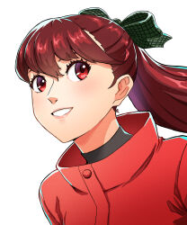 Rule 34 | 1girl, absurdres, bow, grin, hair bow, highres, jacket, lips, long hair, looking at viewer, persona, persona 5, ponytail, portrait, red eyes, red hair, red jacket, simple background, smile, solo, teeth, white background, yoshizawa kasumi, you nf