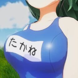 Rule 34 | 1girl, 3d, animated, bare shoulders, blue one-piece swimsuit, blurry, blurry background, bouncing breasts, breasts, camouflage, camouflage headwear, clothes writing, cloud, grass, green eyes, green hair, large breasts, medium hair, mofumoko5, one-piece swimsuit, sky, solo, swimsuit, touhou, video, walking, yamashiro takane