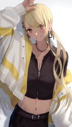 Rule 34 | 1girl, belt, blonde hair, breasts, cleavage, collarbone, crop top, dark-skinned female, dark skin, grin, hair ornament, hairclip, highres, inaka 44, jacket, jacket partially removed, jewelry, kaminari qpi, kaminari qpi (2nd costume), long hair, looking at viewer, medium breasts, midriff, navel, necklace, orange eyes, partially unzipped, simple background, smile, solo, twintails, virtual youtuber, vspo!, white background, x hair ornament