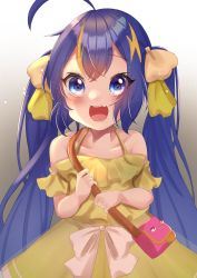 Rule 34 | 1girl, absurdres, ahoge, asteroid stella, bag, bare shoulders, blue eyes, blue hair, bow, commentary, dress, fang, gradient background, green dress, hair bow, halter dress, halterneck, highres, holding strap, looking at viewer, multicolored hair, open mouth, otomachi una, red pupils, short sleeves, shoulder bag, skin fang, smile, solo, streaked hair, teeth, upper body, vocaloid