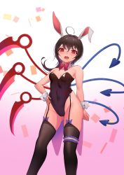 Rule 34 | 1girl, ahoge, alternate costume, animal ears, asymmetrical wings, bare arms, bare shoulders, black hair, black leotard, black thighhighs, blue wings, bow, bowtie, breasts, cameltoe, detached collar, fake animal ears, gradient background, hand on own hip, highleg, highleg leotard, highres, houjuu nue, leotard, long hair, looking at viewer, medium breasts, open mouth, pink background, playboy bunny, recare, red bow, red bowtie, red eyes, red wings, solo, standing, thighhighs, touhou, white background, wings, wrist cuffs