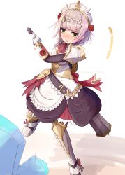 Rule 34 | 1girl, artist name, blush, braid, club, club (weapon), crystal, flower, genshin impact, grey hair, hair flower, hair ornament, hat, highres, kanabou, knight, maid, noelle (genshin impact), open mouth, rose, short hair, sillyprim, simple background, solo, standing, twitter username, weapon, yellow eyes