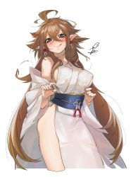 Rule 34 | :q, ahoge, bad id, bad twitter id, black eyes, blush, breasts, brown hair, contrapposto, covered erect nipples, cropped legs, detached sleeves, hair between eyes, head tilt, highres, japanese clothes, large breasts, long hair, looking at viewer, nail polish, obi, ohisashiburi, pointy ears, sash, side slit, simple background, solo, standing, tongue, tongue out, very long hair