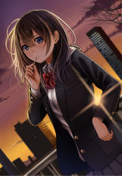 Rule 34 | ahoge, black hair, black jacket, blazer, blush, bow, bowtie, brown hair, building, buttons, closed mouth, cloud, collared shirt, diffraction spikes, eating, evening, food, holding, holding food, jacket, kentaurosu, light rays, long sleeves, looking at viewer, open clothes, open jacket, original, outdoors, pleated skirt, pocket, railing, red bow, red bowtie, shirt, short hair, skirt, skyscraper, smile, solo, sunlight, sunset, unbuttoned, white shirt, wings
