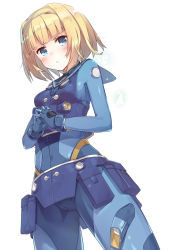 Rule 34 | 10s, 1girl, :t, belt, belt pouch, blonde hair, blue eyes, blue gloves, blush, bodysuit, breasts, cameltoe, choker, closed mouth, covered navel, cowboy shot, emblem, eyebrows, fingers together, from below, gloves, hairband, heavy object, highres, legs apart, looking at viewer, looking down, milinda brantini, pilot suit, pocket, pouch, pout, ruma imaginary, sailor collar, simple background, skin tight, small breasts, solo, standing, white background