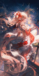 Rule 34 | 1girl, absurdly long hair, absurdres, alternate costume, azur lane, bare shoulders, black footwear, blonde hair, breasts, candy, candy cane, christmas lights, christmas tree, cityscape, cleavage, closed mouth, clothing cutout, commentary, dress, english commentary, food, formidable (azur lane), frilled skirt, frills, from behind, full body, hair ribbon, high heels, highres, long hair, long sleeves, looking at viewer, looking back, maccha (mochancc), night, night sky, railing, red dress, red eyes, red ribbon, ribbon, shoulder cutout, sitting, skirt, sky, small stellated dodecahedron, solo, sparkle, very long hair