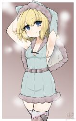 Rule 34 | 1girl, armpits, arms up, ash arms, b-4 (ash arms), belt, blonde hair, blue eyes, blush, breasts, cleavage, closed mouth, commentary request, detached sleeves, hat, highres, hisajou, looking at viewer, medium hair, signature, simple background, small breasts, solo, steaming body, sweat, thighhighs, twitter username
