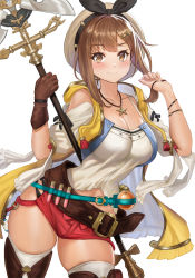 Rule 34 | 1girl, artnohearts, atelier (series), atelier ryza, atelier ryza 1, belt, blush, breasts, brown eyes, brown gloves, brown hair, cleavage, closed mouth, gloves, hair ornament, hairclip, hat, holding, holding staff, jewelry, large breasts, looking at viewer, navel, necklace, parted bangs, red shorts, reisalin stout, short hair with long locks, short shorts, shorts, simple background, single glove, skindentation, smile, solo, staff, standing, star (symbol), star necklace, thighhighs, thighs, white background, white hat