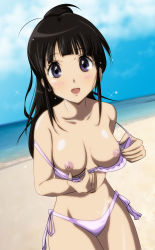 Rule 34 | 10s, 1girl, absurdres, beach, bikini, bikini pull, black hair, blue sky, blush, breasts, chitanda eru, cleavage, clothes pull, cloud, day, female focus, gentoku, highres, hyouka, large breasts, long hair, looking at viewer, navel, nipples, ocean, open mouth, outdoors, ponytail, pulling own clothes, purple bikini, purple eyes, sand, shiny skin, side-tie bikini bottom, sky, smile, solo, standing, swimsuit, undressing, water