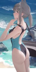 Rule 34 | 1girl, absurdres, adjusting clothes, adjusting swimsuit, animal ear fluff, animal ears, ass, bag, beach, blue archive, blue eyes, breasts, cross hair ornament, dingding (chongsangjun), duffel bag, extra ears, from behind, from side, grey hair, hair ornament, highres, looking at viewer, medium breasts, one-piece swimsuit, ponytail, rock, shiroko (blue archive), shiroko (swimsuit) (blue archive), sidelocks, solo, swimsuit, water, wolf ears