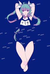 Rule 34 | 1girl, ahoge, aqua hair, arms up, blending, blue background, blue one-piece swimsuit, fish, gradient hair, hair ribbon, highres, i-19 (kancolle), kantai collection, long hair, multicolored hair, name tag, one-piece swimsuit, pink eyes, pink hair, ribbon, school swimsuit, sidelocks, simple background, smile, solo, sukekiyo (skky 0), swimsuit, tri tails