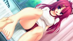 Rule 34 | 1girl, barefoot, bed, blue eyes, blush, breasts, buruma, feet, holding with feet, game cg, gym uniform, hair ribbon, huge breasts, legs, long hair, looking at viewer, open mouth, pink hair, ponytail, ribbon, sitting, syroh, thighs, toes, yakimochi stream