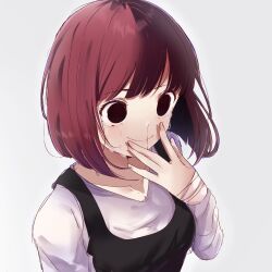 Rule 34 | 1girl, \||/, arima kana, bandaged arm, bandages, black dress, blood, bob cut, closed mouth, collarbone, commentary, crying, crying with eyes open, dress, empty eyes, english commentary, hand on own face, highres, inverted bob, long sleeves, nosebleed, oshi no ko, pinafore dress, red eyes, red hair, risdelusions, shirt, short hair, simple background, sleeveless, sleeveless dress, smile, solo, tears, upper body, white background, white shirt