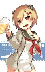 Rule 34 | 1girl, :d, alcohol, arm up, text background, beer, beer mug, blonde hair, blush, bottomless, breasts, buttons, cup, dress, eyebrows, eyes visible through hair, graf spee (warship girls r), hair ornament, hair over one eye, hairclip, hand on own chest, headgear, heart, heart-shaped pupils, highres, holding, lino-lin, long sleeves, military, military vehicle, mug, multicolored background, no pants, open mouth, outline, red eyes, sailor dress, ship, shirt, short hair, simple background, small breasts, smile, solo, swept bangs, symbol-shaped pupils, tongue, upper body, warship, warship girls r, watercraft, white outline, white shirt