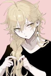 Rule 34 | 1boy, aether (genshin impact), ahoge, androgynous, black shirt, blonde hair, braiding hair, earrings, facing viewer, genshin impact, hairdressing, hand in own hair, highres, jewelry, liiill gerohaku, looking to the side, male focus, pink background, shirt, short sleeves, sketch, solo, yellow eyes
