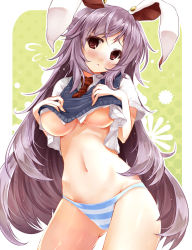 Rule 34 | 1girl, :3, animal ears, bad id, bad pixiv id, blush, breast suppress, breasts, brown eyes, clothes lift, female focus, groin, highres, long hair, md5 mismatch, navel, necktie, no pants, panties, purple hair, rabbit ears, reisen udongein inaba, scarlet (studioscr), shirt, shirt lift, simple background, solo, striped clothes, striped panties, sweat, sweater vest, touhou, underboob, underwear, very long hair