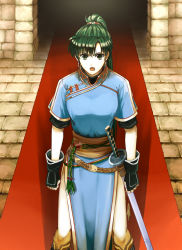 Rule 34 | 1girl, black gloves, boots, breasts, cowboy shot, delsaber, dress, earrings, fingerless gloves, fire emblem, fire emblem: the blazing blade, gloves, green eyes, green hair, jewelry, katana, long hair, looking at viewer, lyn (fire emblem), medium breasts, nintendo, open mouth, pelvic curtain, ponytail, red carpet, sash, scabbard, sheath, sheathed, short sleeves, solo, stone floor, sword, very long hair, weapon
