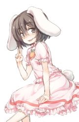 Rule 34 | 1girl, animal ears, black eyes, black hair, blush, carrot necklace, hair between eyes, highres, inaba tewi, jewelry, looking at viewer, necklace, nose blush, oborofu, open mouth, rabbit ears, short hair, short sleeves, simple background, sitting, solo, touhou, v, white background