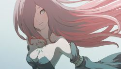Rule 34 | 1girl, armpits, bare shoulders, blue eyes, breasts, cleavage, crow (gravity daze), detached sleeves, gravity daze, hair over one eye, long hair, red hair, saitou shunsuke, smile, solo, wallpaper