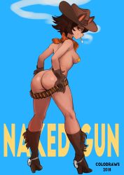 Rule 34 | 1girl, 2018, absurdres, ammunition belt, animal ears, artist name, ass, black hair, blue background, boots, breasts, cigarette, colo (nagrolaz), cowboy boots, cowboy hat, female focus, from behind, functionally nude, gloves, grin, half-closed eyes, hat, highres, looking back, neckerchief, original, pasties, simple background, smile, smoking, solo, star pasties, cowboy western