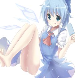 Rule 34 | 1girl, :q, aosaki yukina, bad id, bad pixiv id, bare legs, blue eyes, blue hair, bow, cirno, dress, feet, food, hair bow, ice, ice wings, matching hair/eyes, panties, pantyshot, popsicle, short hair, simple background, skirt, solo, tongue, tongue out, touhou, underwear, upskirt, white background, white panties, wings