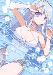 Rule 34 | 1girl, asymmetrical bangs, casual one-piece swimsuit, covered navel, cowboy shot, flower, frilled one-piece swimsuit, frilled swimsuit, frills, grey hair, hair flower, hair ornament, hairband, highleg, highleg swimsuit, highres, kantai collection, long hair, looking at viewer, lying, official alternate costume, one-piece swimsuit, partially submerged, pirikara spicy tapioca, purple eyes, sagiri (kancolle), side-tie swimsuit, solo, swept bangs, swimsuit, water, white one-piece swimsuit
