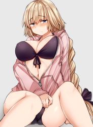 Rule 34 | 1girl, alternate costume, bikini, bikini under clothes, black bikini, blonde hair, blue eyes, braid, breasts, cleavage, closed mouth, embarrassed, fate/apocrypha, fate/grand order, fate (series), grey background, has bad revision, has lossy revision, jacket, jeanne d&#039;arc (fate), jeanne d&#039;arc (ruler) (fate), jeanne d&#039;arc (white cruising) (fate), jirou (tamaho39), large breasts, long hair, looking at viewer, navel, sideboob, simple background, single braid, sitting, solo, swimsuit, thighs, very long hair