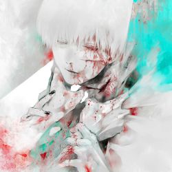 Rule 34 | 1boy, 1other, amputee, black nails, blood, blood from mouth, blood on arm, blood on clothes, blood on face, bloody tears, closed eyes, closed mouth, commentary request, cuts, green background, grey background, guro, highres, injury, kaneki ken, koujima shikasa, looking at viewer, male focus, missing finger, nail polish, nosebleed, shirt, solo focus, tokyo ghoul, upper body