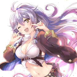 Rule 34 | 1girl, ;d, ahoge, belt, braid, breasts, buckle, cleavage, collarbone, commentary request, crop top, dutch angle, fingers to cheeks, granblue fantasy, haku (grimjin), high ponytail, highres, large breasts, long hair, looking at viewer, medium breasts, midriff, navel, no bra, one eye closed, open mouth, pointing, pointing at self, ponytail, silva (granblue fantasy), silver hair, simple background, smile, solo, stomach, twin braids, upper body, wavy hair, yellow eyes