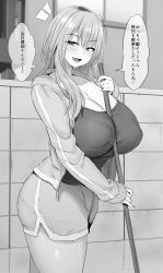Rule 34 | 1girl, breasts, broom, covered erect nipples, fang, greyscale, gyaru, hair between eyes, jacket, large breasts, long hair, monochrome, no bra, noripachi, open clothes, open jacket, open mouth, original, short shorts, shorts, skin fang, solo, speech bubble, standing, track jacket