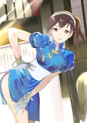 Rule 34 | 10s, 119, alternate costume, brown eyes, brown hair, china dress, chinese clothes, dress, gloves, hairband, hand on own hip, kaga (kancolle), kantai collection, looking at viewer, ponytail, sash, short sleeves, side ponytail, side slit, solo