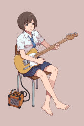 Rule 34 | 1girl, amplifier, barefoot, breast pocket, brown eyes, brown hair, cable, chair, commentary, electric guitar, fender telecaster, guitar, highres, instrument, music, necktie, original, playing instrument, pocket, school uniform, short hair, simple background, sitting, solo, tanuki koubou