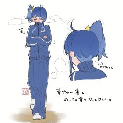 Rule 34 | 1girl, aoi tete, blue hair, blue track suit, blush, breath, closed eyes, commentary request, crossed arms, full body, highres, hirogaru sky! precure, long hair, precure, side ponytail, single sidelock, solo, sora harewataru, translation request, white footwear