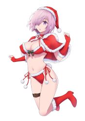 Rule 34 | 1girl, :o, alternate costume, bikini, blush, bobblehat, boots, bow, breasts, buckle, capelet, choker, christmas, cleavage, covered erect nipples, earmuffs, elbow gloves, fate/grand order, fate (series), fingerless gloves, full body, fur-trimmed bikini, fur-trimmed capelet, fur-trimmed gloves, fur-trimmed headwear, fur trim, gloves, green bow, hair over one eye, hat, high heel boots, high heels, highres, jumping, knee boots, large breasts, looking at viewer, mash kyrielight, navel, open mouth, pink hair, pom pom (clothes), purple eyes, red bikini, red choker, red footwear, red gloves, red hat, red ribbon, ribbon, sano jinya, santa hat, short hair, side-tie bikini bottom, simple background, solo, stomach, swimsuit, thigh strap, thighs, underboob, white background