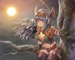 Rule 34 | 1girl, branch, breasts, chiaki rakutarou, cleavage, feathers, full moon, gloves, hairband, head wings, highres, idolmaster, idolmaster (classic), large breasts, long hair, moon, night, night sky, red eyes, shijou takane, silver hair, sitting, sky, smile, solo, thighs, toned, tree, wings