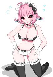 Rule 34 | 1girl, ahoge, apron, bare shoulders, bikini, black bikini, black bow, black choker, black footwear, blush, boots, bow, braid, choker, collarbone, commentary, flying sweatdrops, frilled apron, frilled choker, frills, gloves, gluteal fold, hair bow, hair intakes, hand on own hip, hand on own thigh, high heel boots, high heels, highres, idolmaster, idolmaster cinderella girls, kneeling, low twin braids, maid headdress, medium hair, multicolored hair, navel, open mouth, pink hair, simple background, solo, sukoyaka (100hituzi), swimsuit, tearing up, thigh boots, twin braids, two-tone bikini, two-tone hair, waist apron, white apron, white background, white bikini, white gloves, yumemi riamu